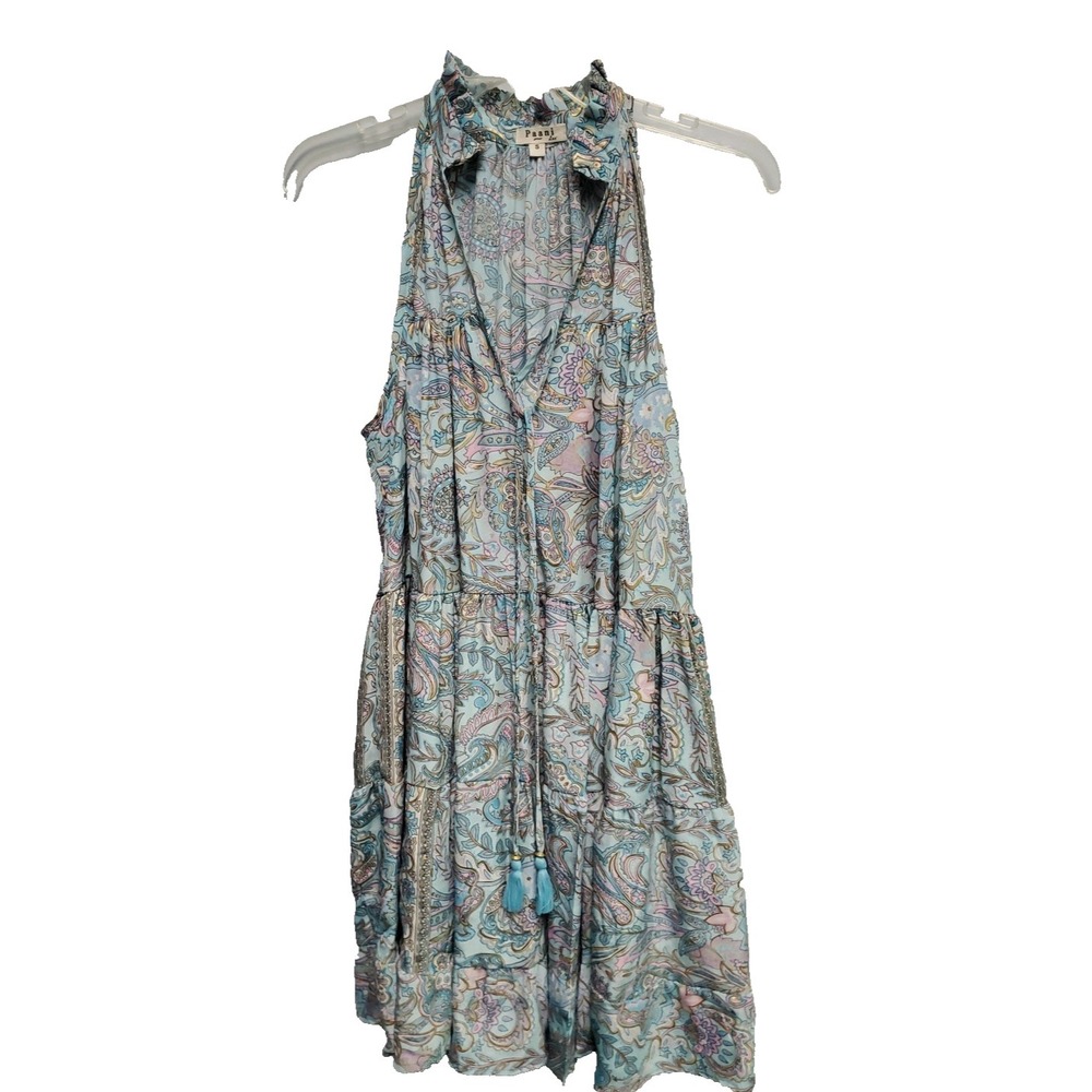 Paani Halter Tiered Dress Aqua Multi Tie Front Tassel Boho Size Small‎